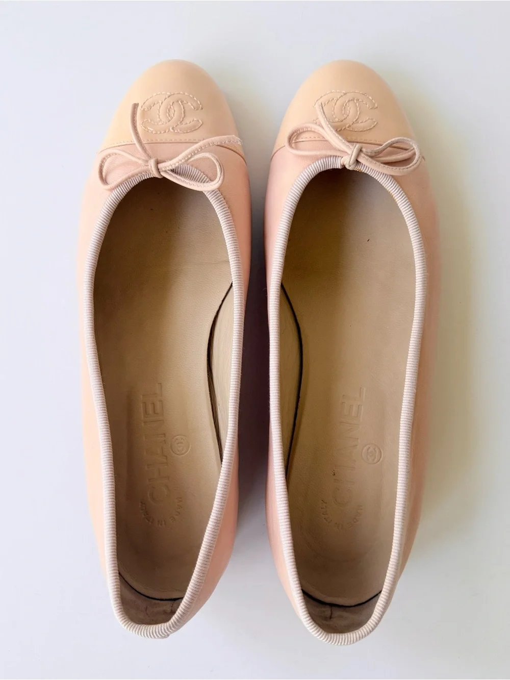 CHANEL Light Pink Leather Ballet Flats Patent CC Logo Cap Toe Size 38